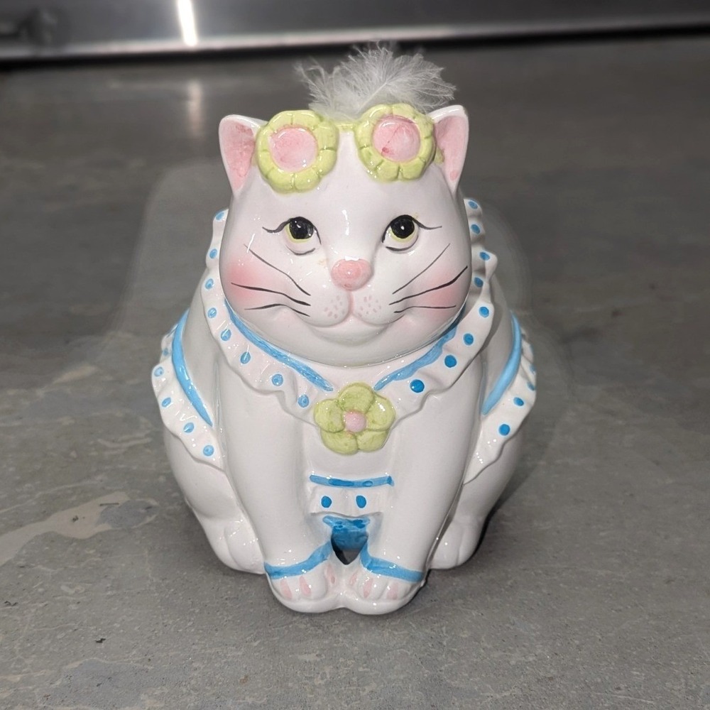 Kitsch Whimsical Ceramic Cat Piggy Bank Bikini Glasses Feather Retro Decor 6"